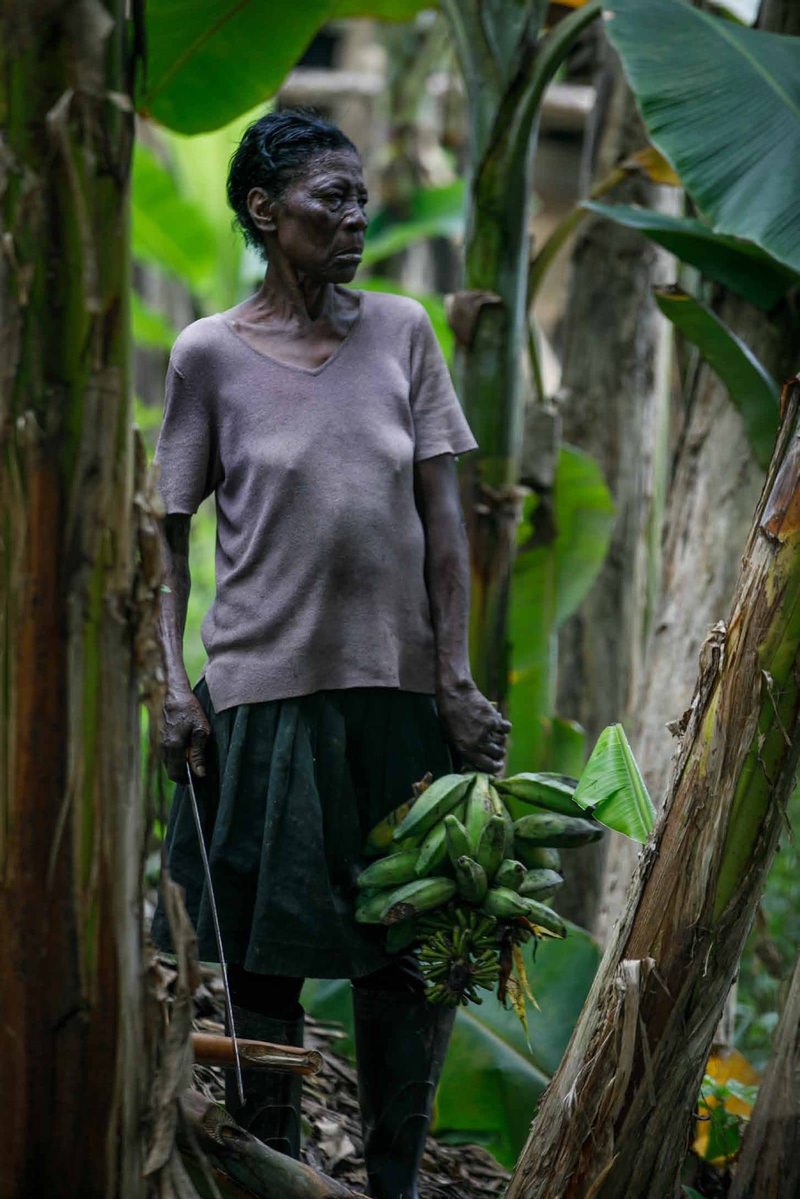 Mujer agricultora chocoana cargando un racimo de plátano en el cultivo